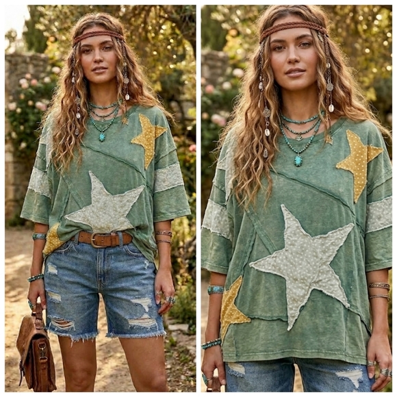 Blue Velvet Tops - Chic Olive Star Print Women's Tee
